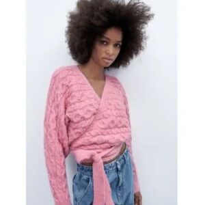 Zara pink chunky cable knit wrap tie cropped sweater cardigan